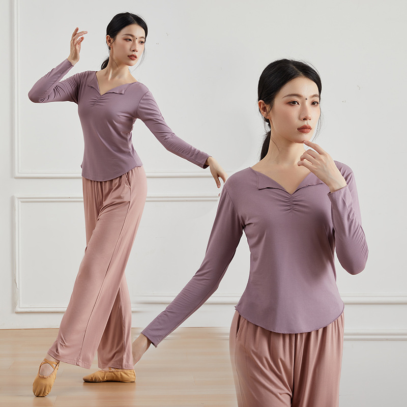 新款现代舞舞蹈服上衣女显瘦直筒阔腿裤成人古典舞练功服套装