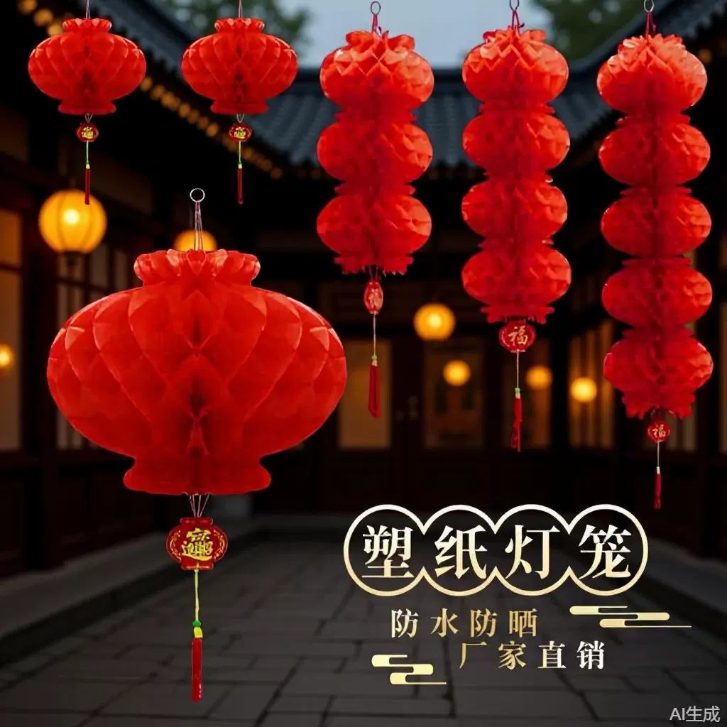 连串塑纸灯笼燈籠大红春节新年连串蜂窝小红灯笼庆典灯笼装饰挂件