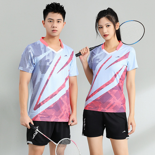 Quick-drying badminton suit, short-sleeved pants, men's and women's tops, sports team uniform, competition training suit, table tennis clothing with printed letters