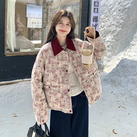 红色小香风短款碎花羽绒服女2025冬季小个子减龄保暖90白鸭绒外套