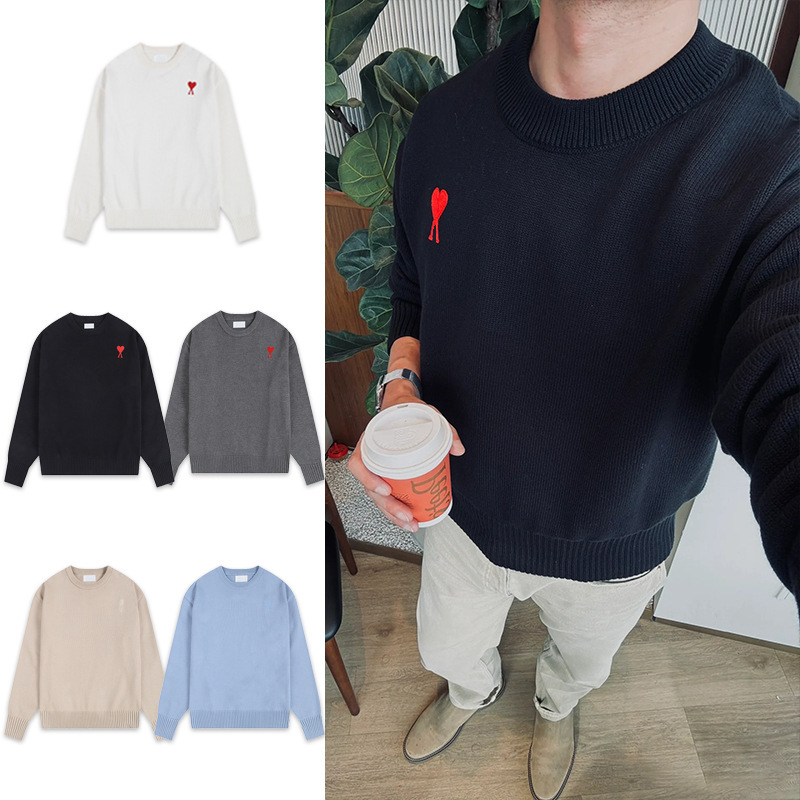 Cross-Border Ami Knitwear Round Neck Small Heart Embroider Autumn and Winter Trendy Brand Pullover Long-Sleeved Wool Knitwear for Men and Women Couples