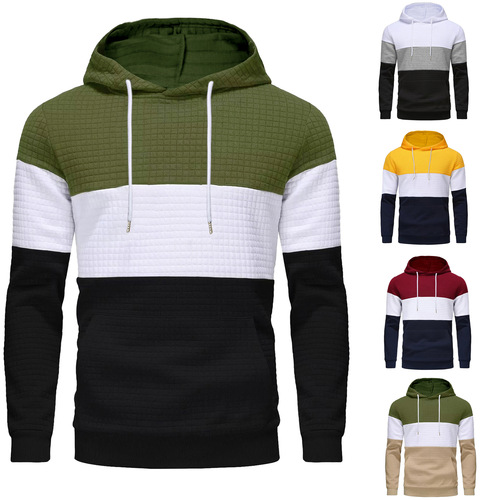 Cross-border Amazon New European and American Style Men's Color-Block Plaid Hoodie Long-Sleeved Hooded Sweatshirt Casual Sportswear Top for Men