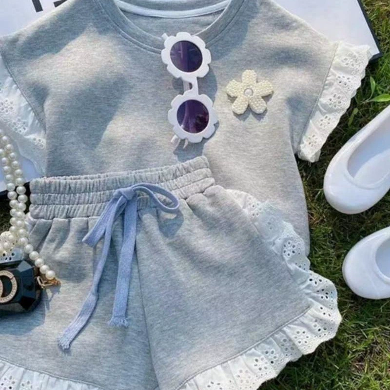 Детский летний комплект футболка и шорты (Brand), корейский стиль, кружевная отделка, короткий рукав