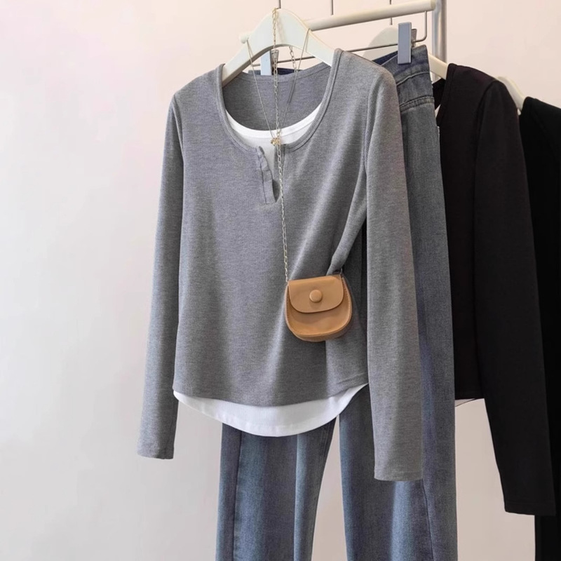 Counter Withdrawal ~ Cut Label Counter Fake Two Grey Shoulder Long Sleeve T-Shirt New Women's Wear Inner Base Shirt Top