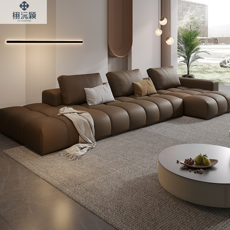 Minimalist Pixel Leather Top Layer Cowhide Cream Style Modern Simple Straight Row Large and Small Apartment Three-Seat Sofa Living Room