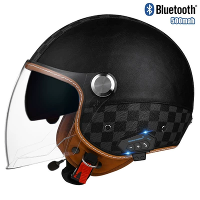 bluetooth helmet electric car half, Motosiklet kaskı (dəbilqə) - checkerboard-black-outer-length-and-inner-tea-bluetooth-m