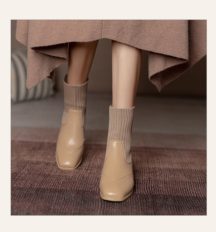 Women's Ankle Boots French Retro Square Toe Thick Heel Mid Calf_voghion.com