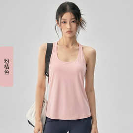 假两件含胸垫运动背心女跑步健身衣交叉美背训练瑜伽服内衣t恤夏