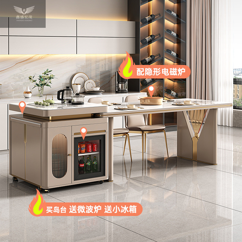 Mesa de comedor moderna de lujo ligera de roca de la isla de la mesa de comedor retráctil doméstica móvil multifuncional horno electromagnético mesa de comedor