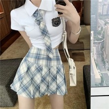 学院风jk制服格子半身裙女夏季新款高腰显瘦a字百褶短裙子两件套