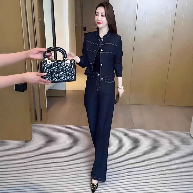 Fashionable Denim Suit for Women, Contrasting Color Short Jacket, Autumn New Style, Chic Stand-Up Collar Top, Straight Pants Two-Piece Set