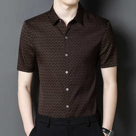 夏季桑蚕丝男式衬衫短袖新款中年休闲香云纱翻领绸缎商务男衬衣