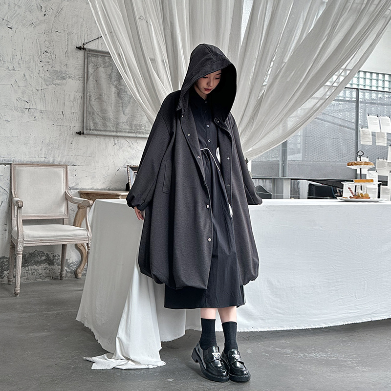 Yamamoto autumn and winter solid color niche design warm thick hooded woolen coat loose slimming windbreaker coat