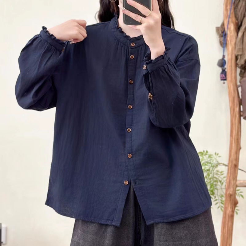 复古双层棉纱长袖衬衫女宽松大码休闲显瘦立领休闲上衣衬衣女装|undefined