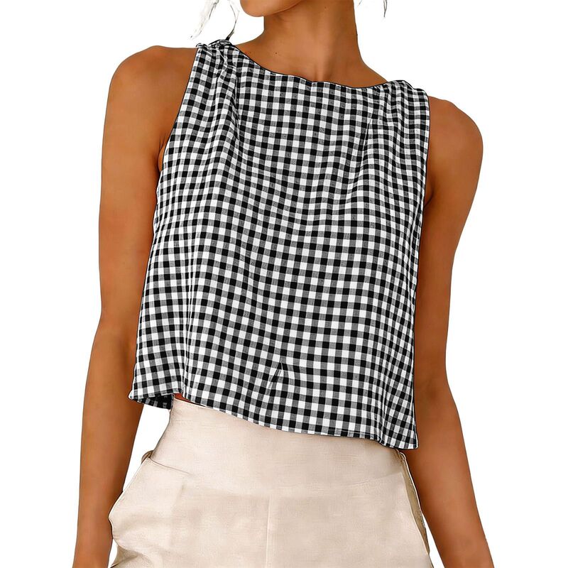 Cross-Border Popular Striped Print Sleeveless Vest for Women, Summer Short Round-Neck Casual Vacation Top, Customizable