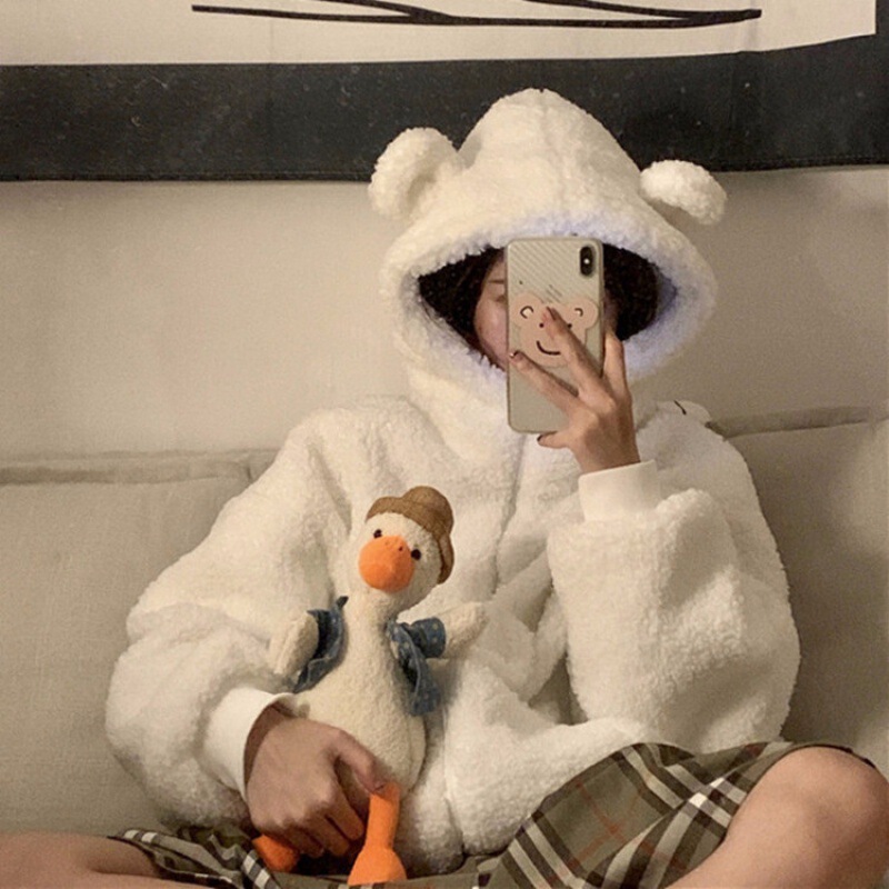 New Korean and Japanese Style Loose-Fitting, Age-Reducing, Cute Hooded Lamb Wool Coat for Women, with Added Fleece and Thickened Winter Zip-Up Jacket