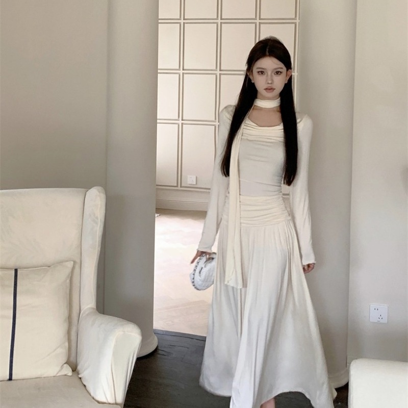 法式温柔荡领长袖针织连衣裙女秋季修身气质长裙飘带收腰a字裙子|undefined