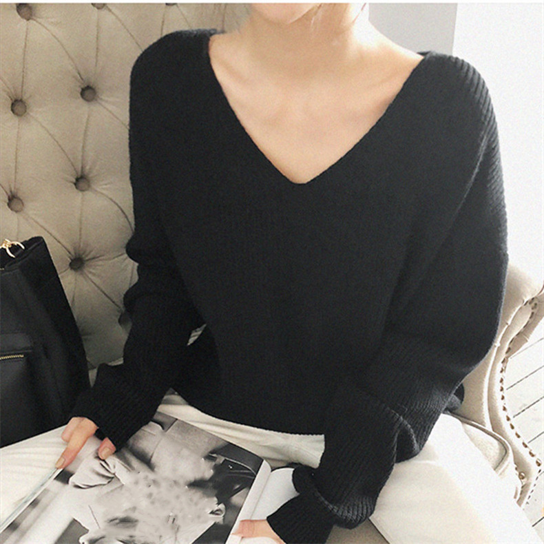 Vêtements pour femmes automne et hiver col en V à manches longues style paresseux ample pull à ourlet simple pull tricoté pull bas_voghion.com