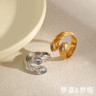 欧美法式小众轻奢复古个性手饰不锈钢镀18K金双头锆石蛇形戒指女
