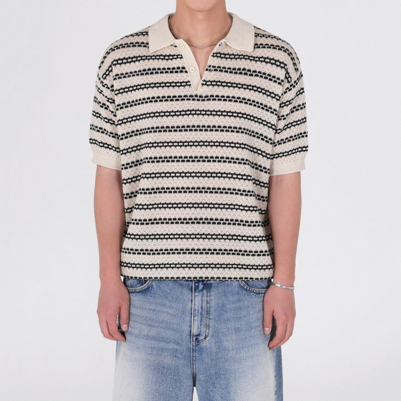 Myq Old Money Style Stripesd Short-Sleeved Knitwear Men's Summer Thin Breathable Lapel Half-Sleeved Korean Style Work Clothing Wear