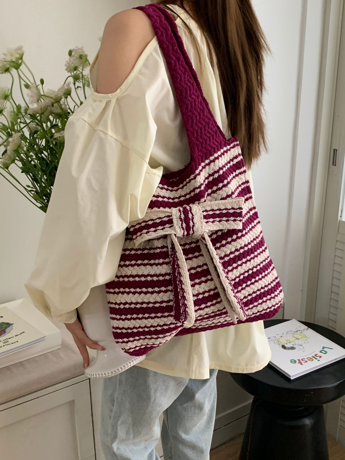378g Weight Polyester Lining Material Weave Fashion Element Open Closure Type Double Shoulder Straps Strap Type Shoulder Bag Bags Type Travel, Daily Occasion Polyester Material Stripe, Bow Knot Pattern All Seasons Season Women's Gender Vintage Style Style Medium Size Women's Medium Polyester Stripe Bow Knot Vintage Style Weave Open Shoulder Bag 10