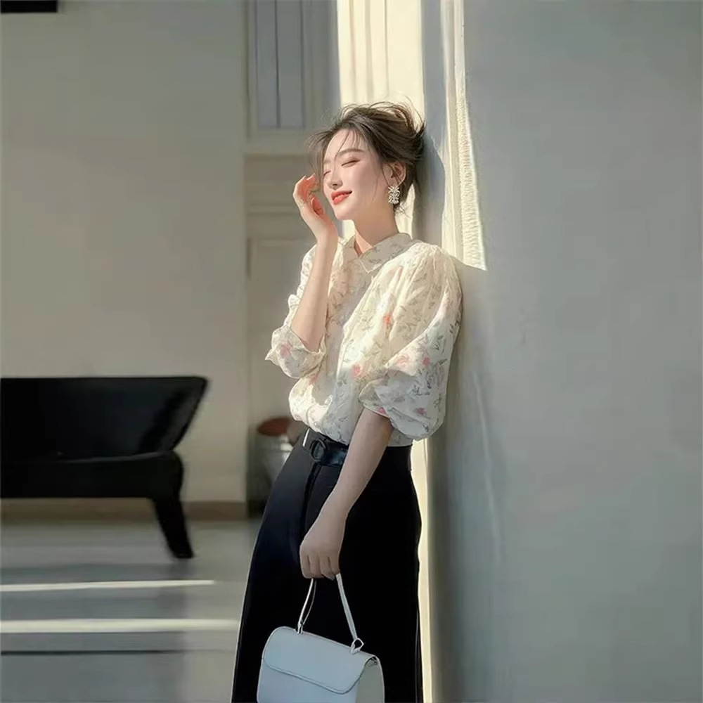 Áo sơ mi nữ cổ Polo họa tiết hoa nhí kiểu Pháp — Hoa hạnh nhân chi tiết 4