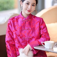 14435中国风玫红色短款唐装外套女装秋冬独特上衣超好看今年流行