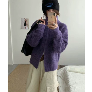 YS欧洲站秋冬新款软糯圈圈毛衣开衫女宽松圆领拉链针织衫外套上衣