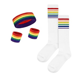 Cross-border Rainbow Wrist Band Socks Set Sports Sweat-absorbent Basketball Hood Wrist Band Football Socks Four-piece Set