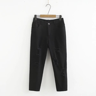 200kg fat girl Summer Korean style new casual commuter slimming stretch ripped denim cropped jeans 1008