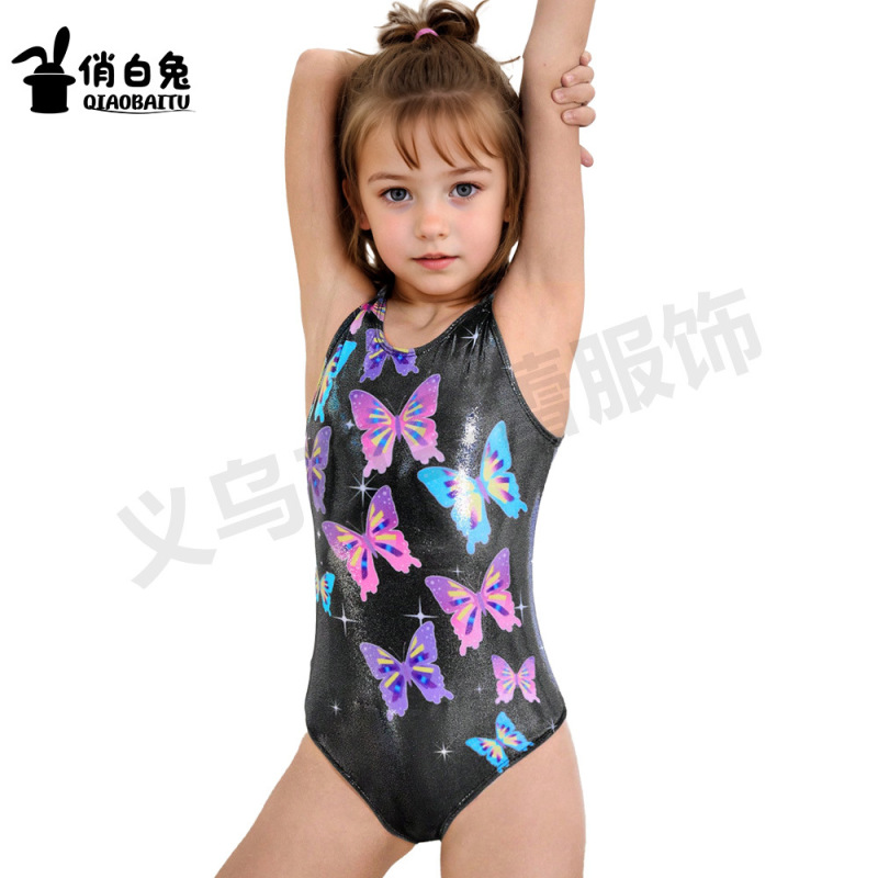 国境を越えた子供用体操服、高弾性蝶柄漫画プリントダンスベスト、女の子用箔押し光沢パフォーマンスワンピース|undefined