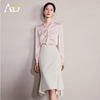 Pink long-sleeved shirt + white skirt