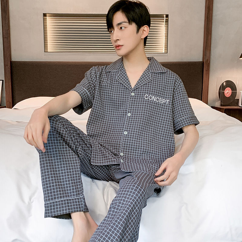 Pajamas de algodón para hombres coreanos, pantalones largos de mangas cortas de verano, ropa delgada para hombres, set de ropa exterior