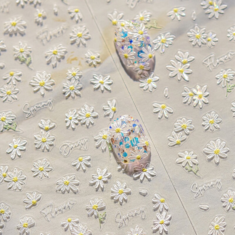 Tomoni Embossed Manicure Fresh Oil Painting Daisy Flower Stickers Popular Retro Nail Stickers Japanese Style Spring Wild Flowers
