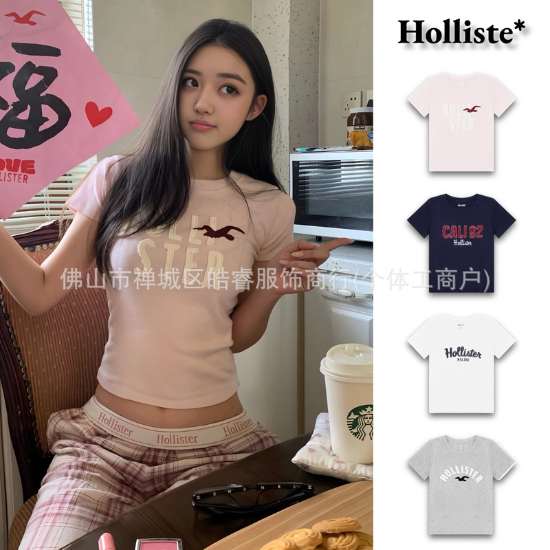 [in Stock] Holliste* Little Seagull Classic Patch Embroidery Letter Embroidery Slim Fit Short Sleeve T-Shirt for Women