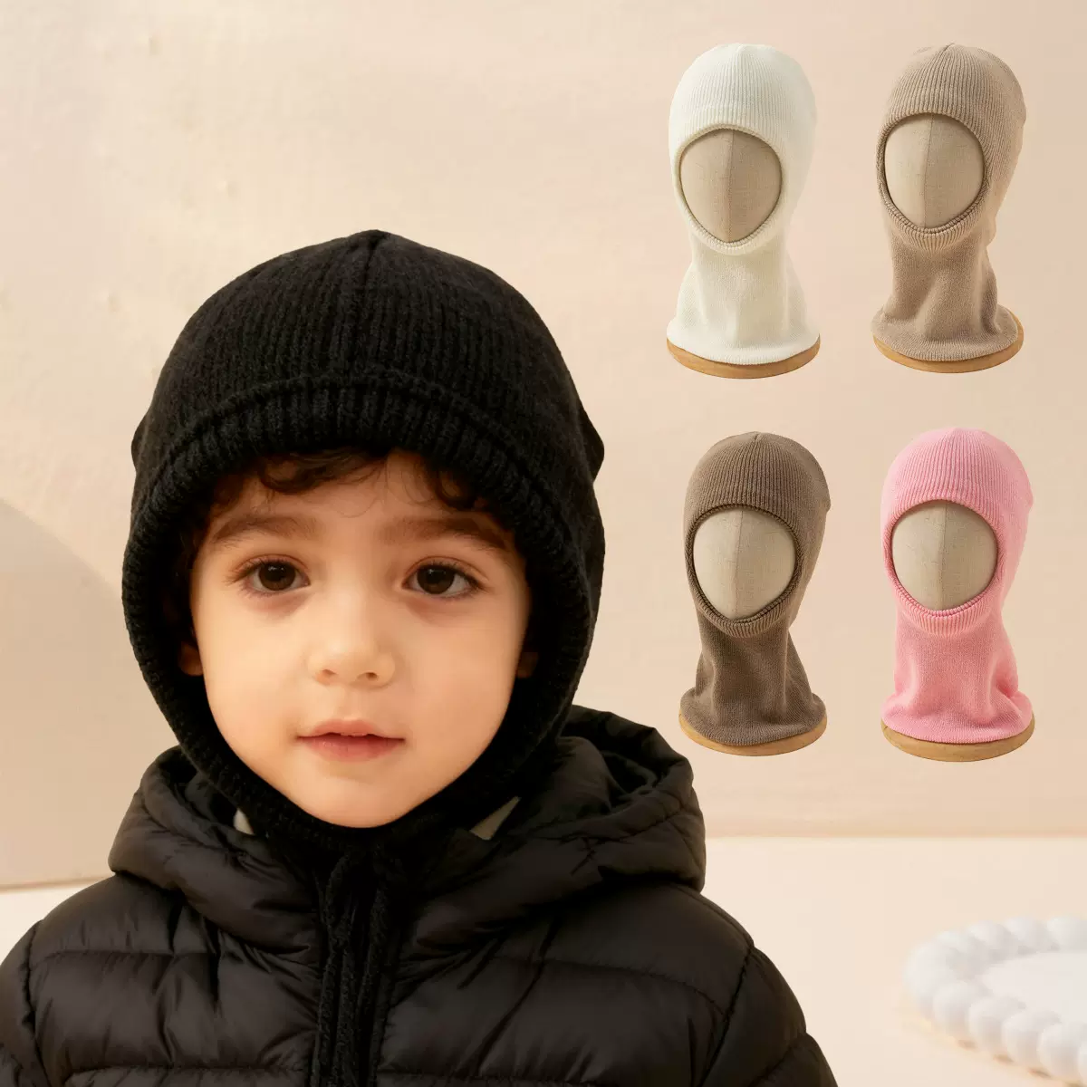 秋冬套头儿童帽保暖防寒男女宝宝围脖一体帽子纯色长版针织毛线帽