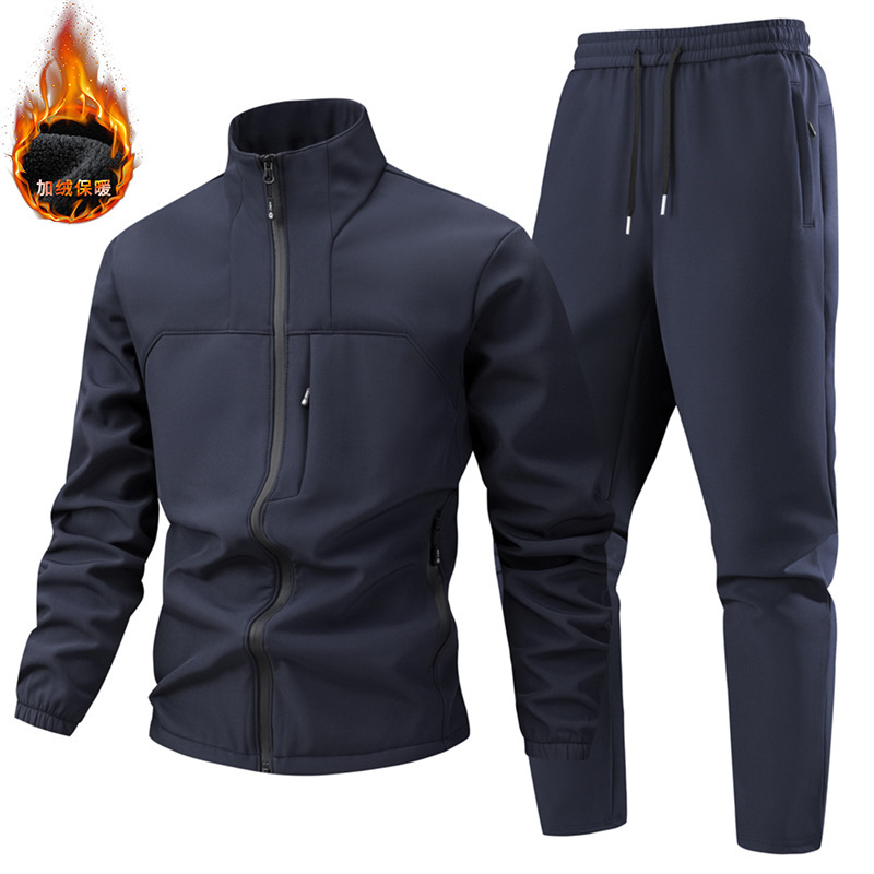 Autumn and Winter New Men's Soft Shell Jacket Pants Jacket Pants Jacket Men's Fleece Stand Collar Autumn and Winter Casual Suit