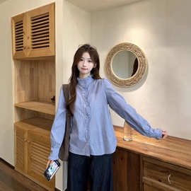 十三行·芸和鱼秋季木耳边小立领条纹衬衫女休闲百搭韩系通勤长袖