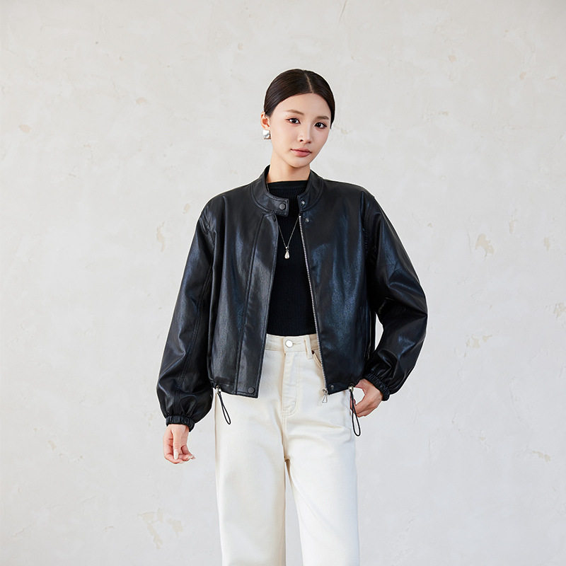 Áo khoác da nữ ngắn cổ đứng lót lông dày dặn — Cà phê đỏ với fleece dày, Màu đen Fleece dày chi tiết 4