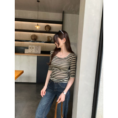 リアルショット テリーゼル テンセル デザイン ストライプ コントラストカラー 半袖 Tシャツ レディース 2025 夏新作 美しいトップス