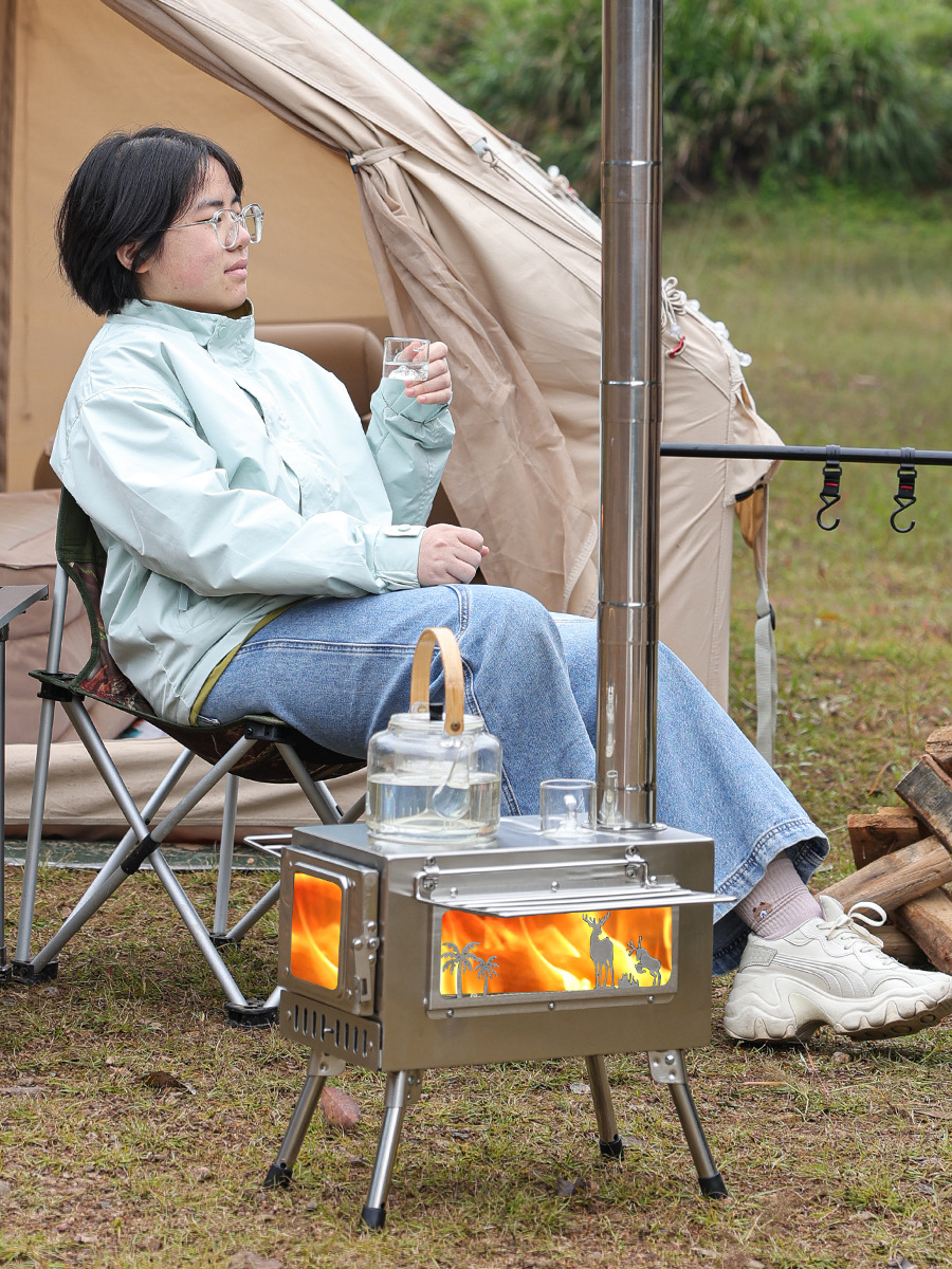 Estufa de leña portátil plegable de acero inoxidable para acampar, calentamiento de tiendas de campaña, estufa para exteriores, venta al por mayor.