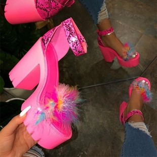 European and American Foreign Trade plus size Mao Mao One-character High-heeled Sandals Women's Cross-border One-character Buckle Thick-heeled Waterproof Platform Fashion Shoes