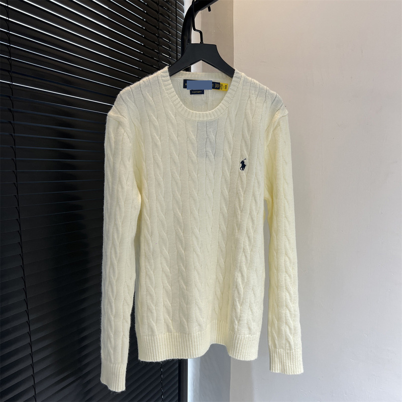 Rl Ralph Lauren Logo Embroidered Classic Crew Neck Knit Cable Wool Sweater for Women, Casual Long-Sleeve Top, Loose Fit