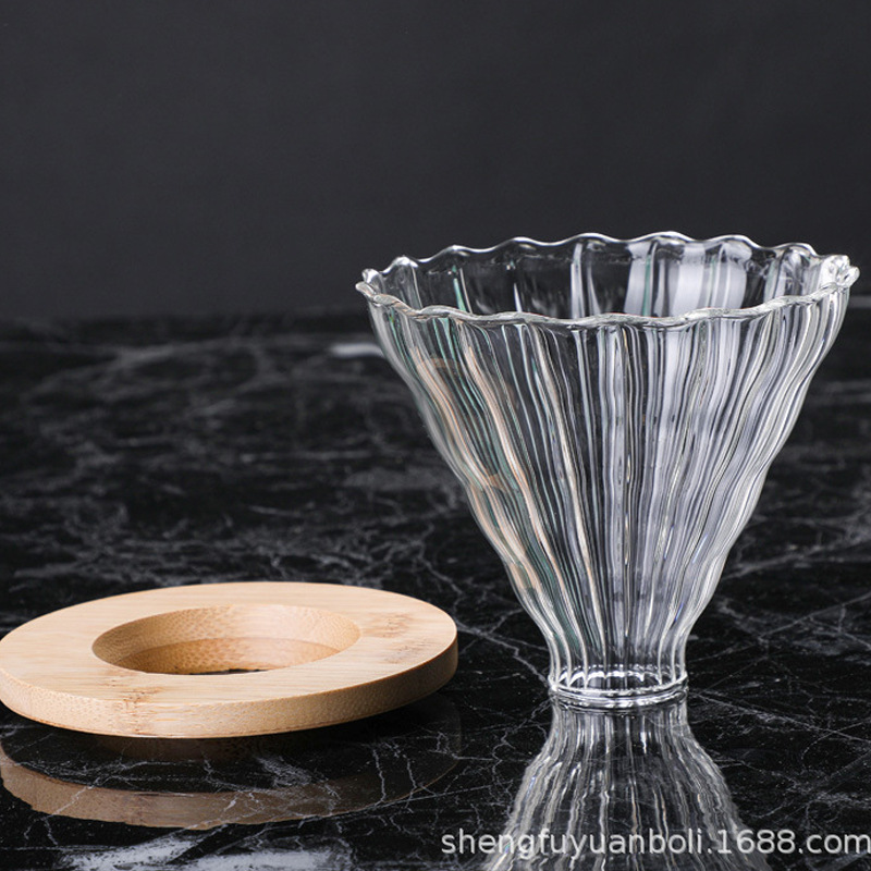 Suministro de vidrio de borosilicato mano Cafetera mano punzonado conjunto con bandeja de madera taza de filtro hogar vidrio café compartir olla