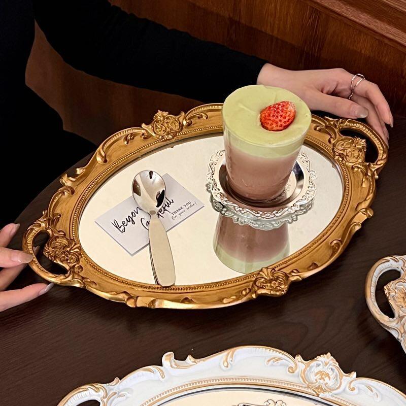 French-Style Vintage Glass Mirror Tray, Dining Plate, Ins-Style Decorative Ornament, Aromatherapy Jewelry Display Mirror Storage Tray