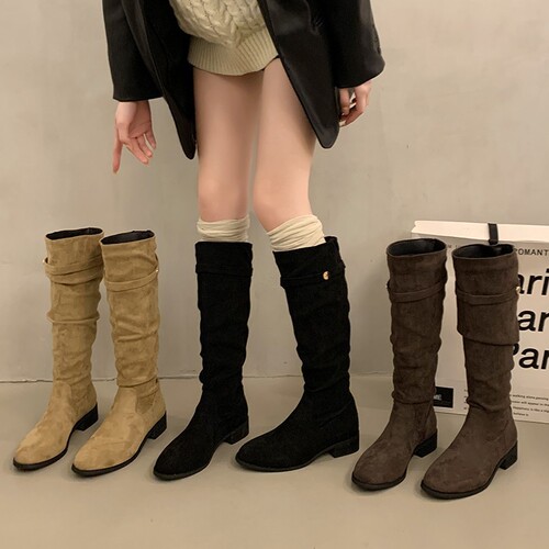 2025 Spring Women's High-Top Knight Boots, French-style Chunky Heel, Round-toe Suede Leather Boots, European & American-style Mid-Heel Boots