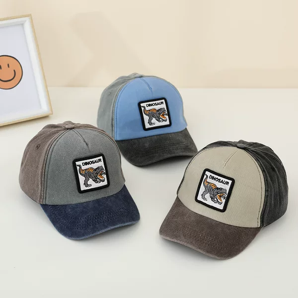 American retro distressed children's washed baseball cap Spring and Autumn new boys and girls color matching cartoon dinosaur peaked cap
