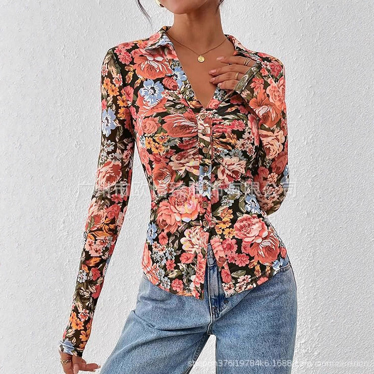 European and American Independent Station Amazon Aliexpress 2025 New Autum Floral Long-Sleeved V Neck Pleated Mesh Shirt