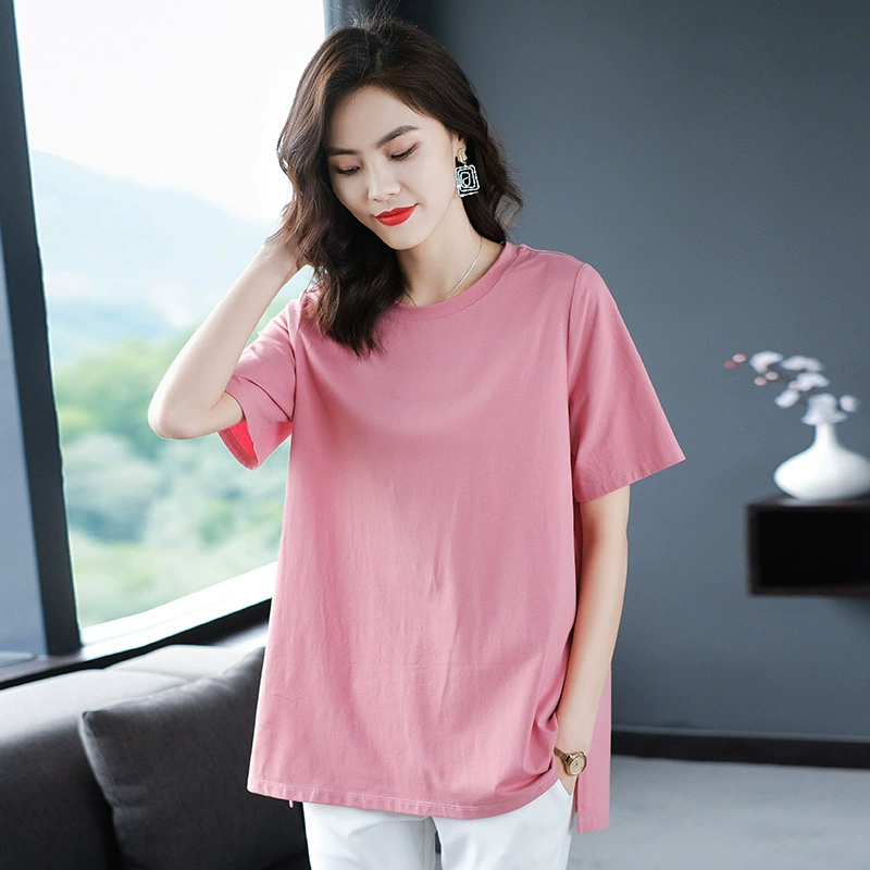 Футболка с короткими рукавами из хлопка толстая сестра мм свободный плюс размер женщины 2024 летнее платье новая тонкая рубашка