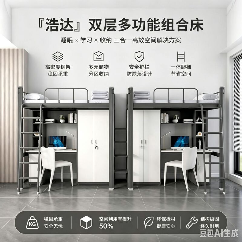 School dormitory bunk beds, iron art design with a desk on top, employee dormitory with desk and wardrobe, elevated single beds
